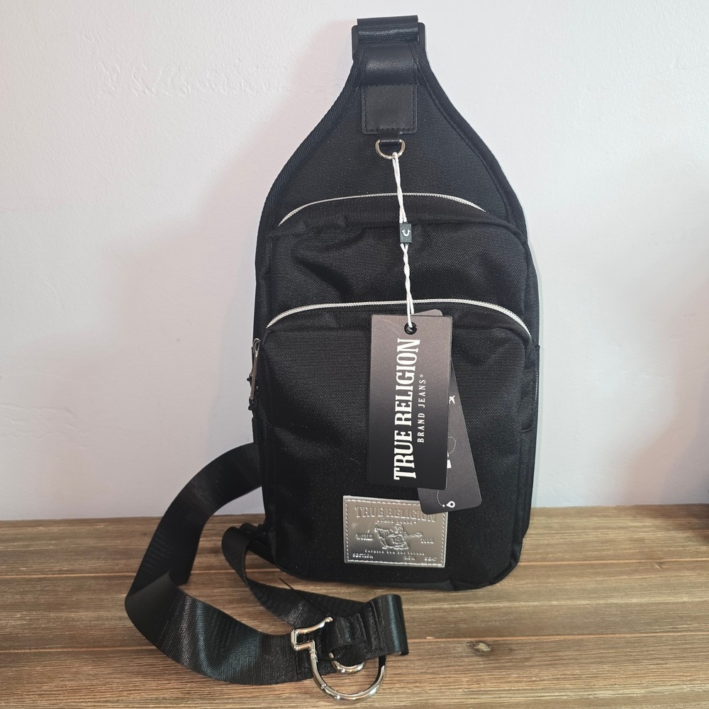 NEW True Religion Black Canvas Sling Bag Crossbody Backpack Horseshoe Clip NEW